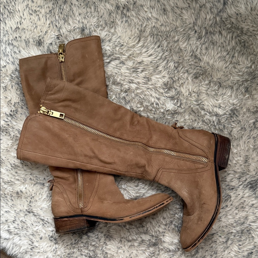 Aldo Tan Heeled Boots with Gold Zipper